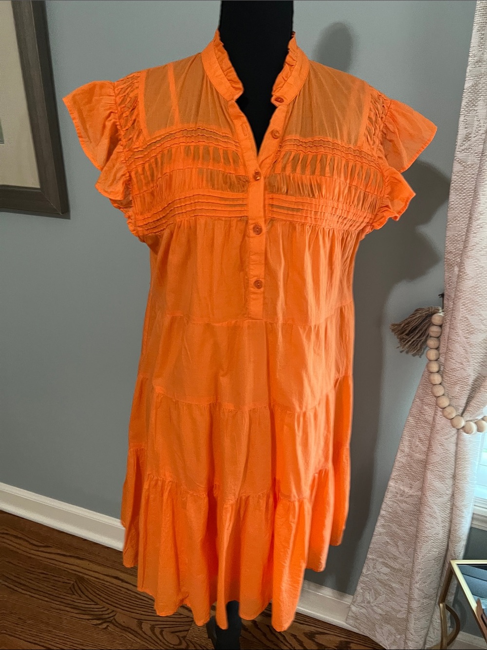Boston Proper Orange Ruffle-Yoke Tiered Midi Dress